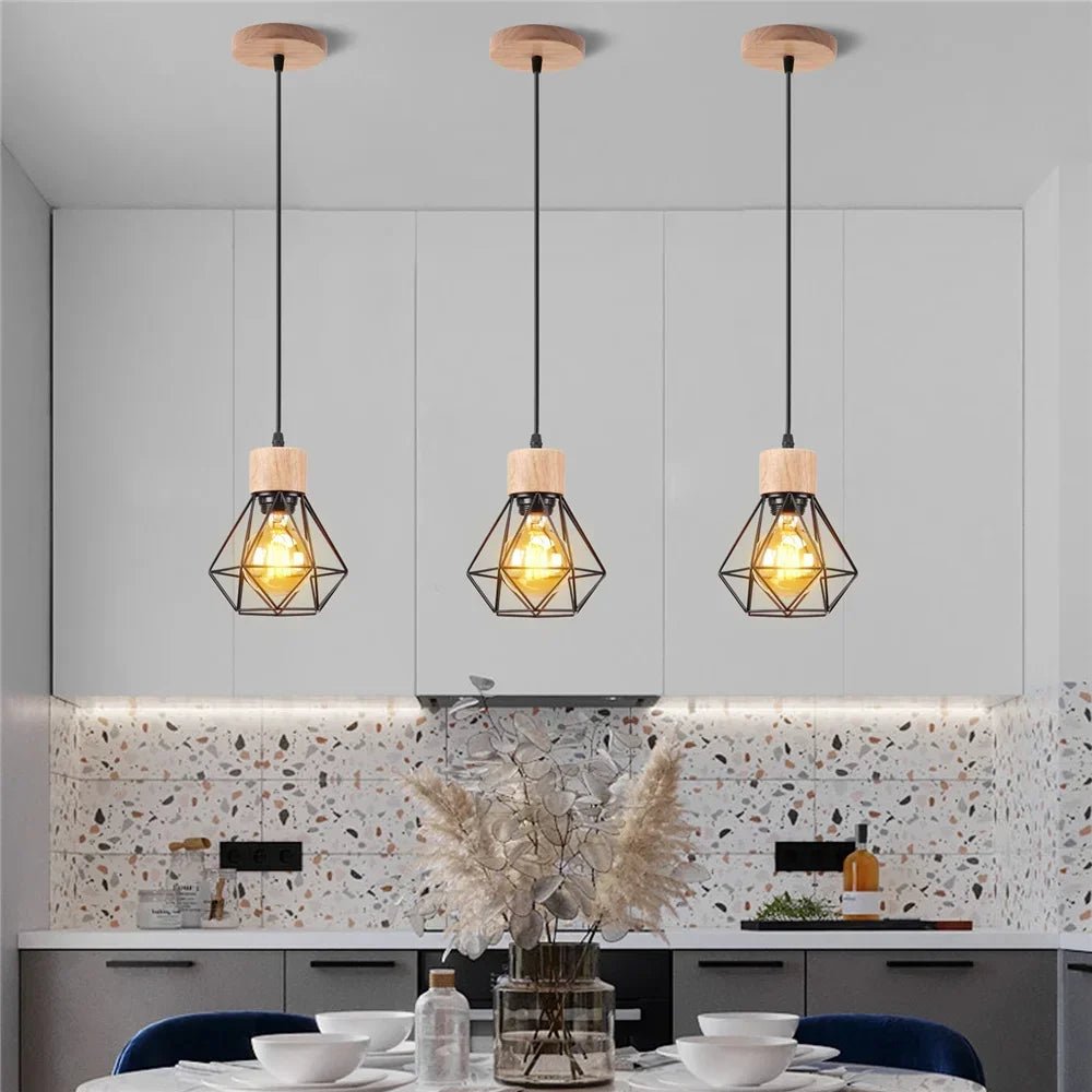 Vintage Black Wood and Iron Cage Pendant Light - Decorbites