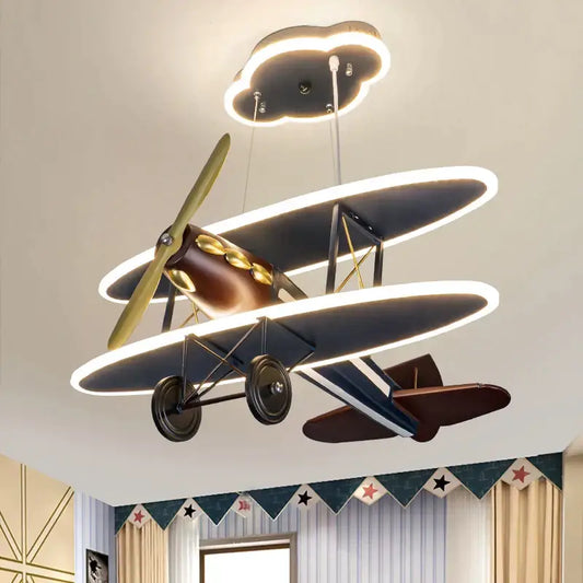 Vintage blue and brown iron aircraft pendant light with glowing led rings for boys bedroom decorbites iron aircraft decor