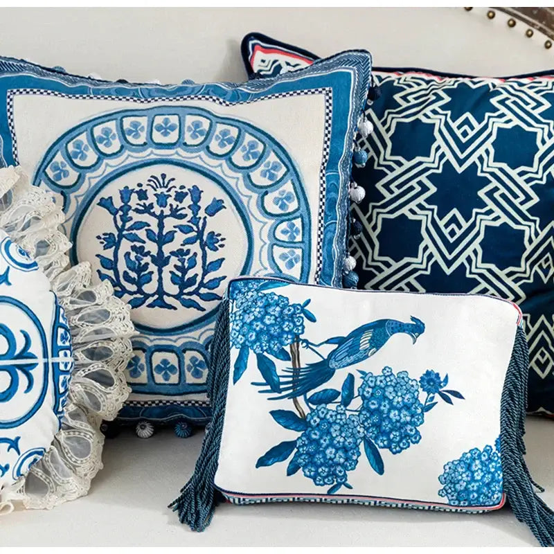 Rectangular white cushion case with blue bird on flowering branches and dark blue tassels vintage peacock toile pillow cover