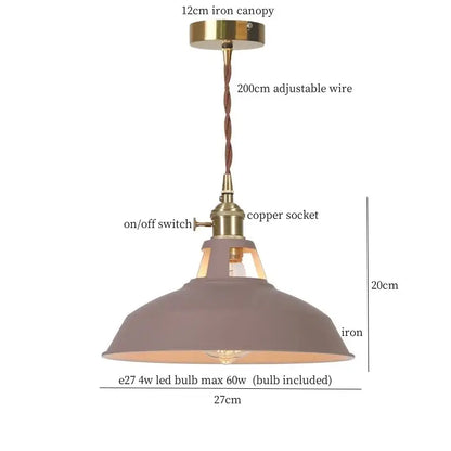 Vintage blue iron art pendant light with matte gray iron shade brass accents and adjustable braided wire suspension