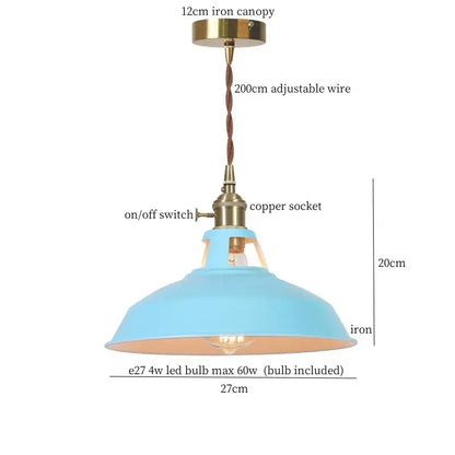 Vintage blue iron art pendant light with matte sky-blue iron shade brass-finished canopy for kitchen decorbites pendant light