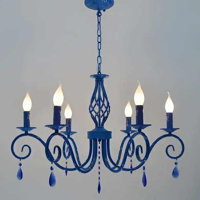 Vintage blue metal crystal chandelier with candle-style bulbs and crystal droplets for dining room decorbites blue metal lighting