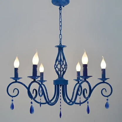 Vintage blue metal crystal chandelier with candle-style bulbs and crystal droplets for dining room decorbites blue metal lighting