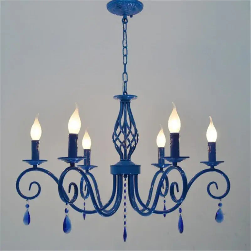 Vintage decorbites blue metal crystal chandelier with five candle bulbs and blue glass teardrop pendants for dining room