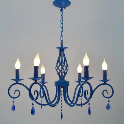 Vintage decorbites blue metal crystal chandelier with five candle bulbs and blue glass teardrop pendants for dining room
