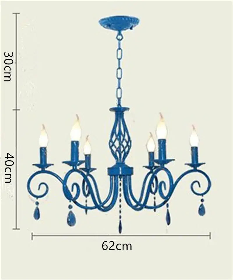 Vintage blue metal crystal chandelier with six candle-style bulbs and dangling teardrop crystals for dining room decorbites blue metal lighting