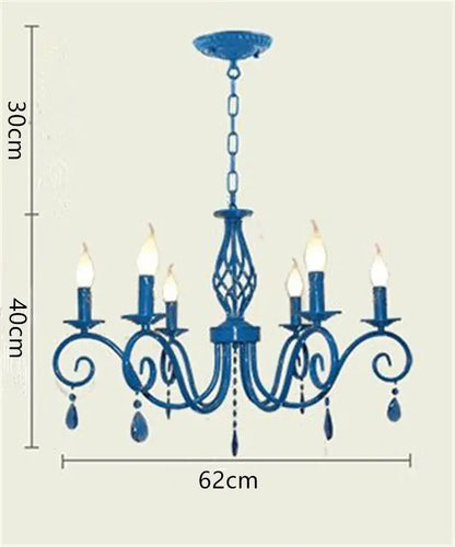 Vintage blue metal crystal chandelier with six candle-style bulbs and dangling teardrop crystals for dining room decorbites blue metal lighting