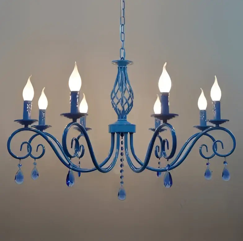 Vintage blue metal crystal chandelier with candle-style bulbs and crystal droplets for dining room decorbites blue metal lighting