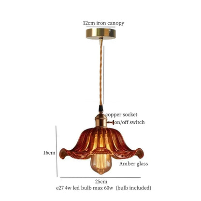 Vintage blue and white ceramic led pendant light with 16cm amber flower glass shade and copper socket decorbites ceramic led