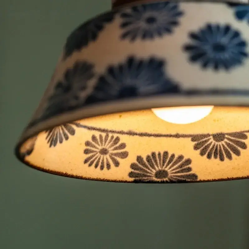 Vintage blue and white ceramic led pendant light with hand-painted chrysanthemum design for dining room decorbites ceramic led