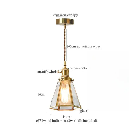 Brass-finished pendant light with geometric glass shade and adjustable copper wire for decorbites ceramic led pendant use