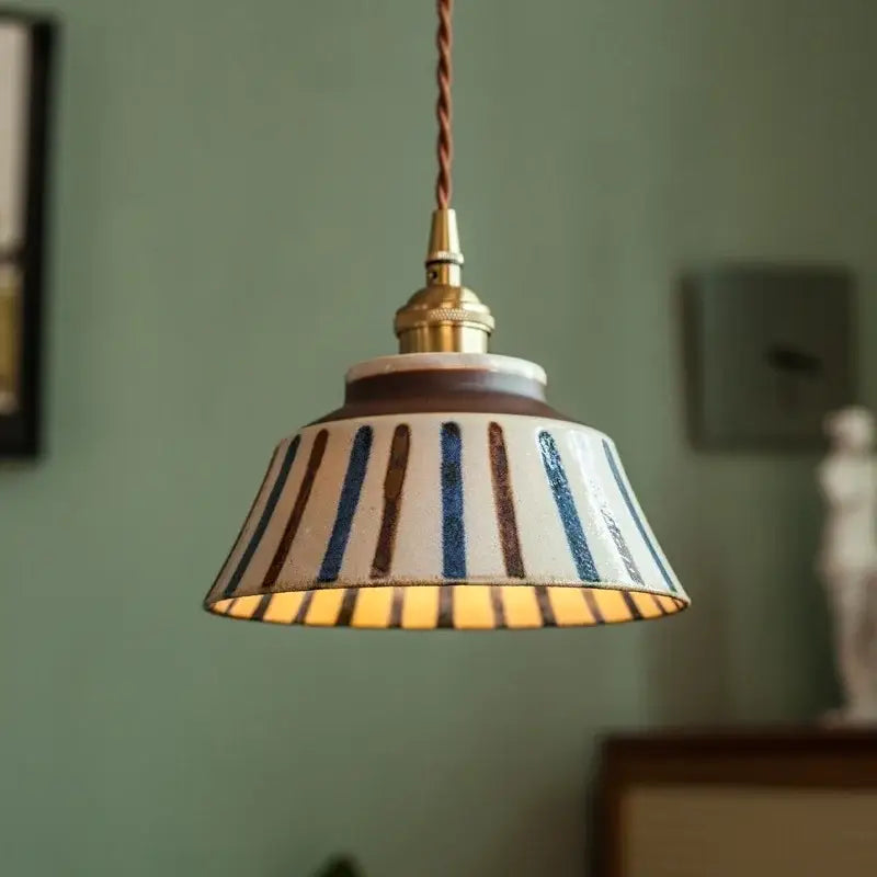 Vintage blue and white ceramic led pendant light with a flared striped shade in cream blue and brown for dining room decorbites ceramic led pendant