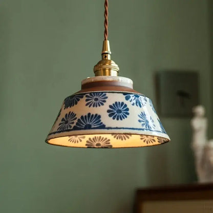 Vintage blue and white ceramic led pendant light with floral pattern brass fixture and twisted cord for dining room decorbites ceramic led pendant