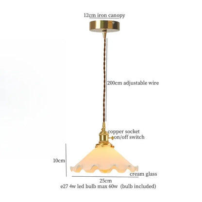 Vintage blue and white ceramic led pendant light with brass iron canopy and scalloped cream glass shade for dining room decorbites ceramic led pendant
