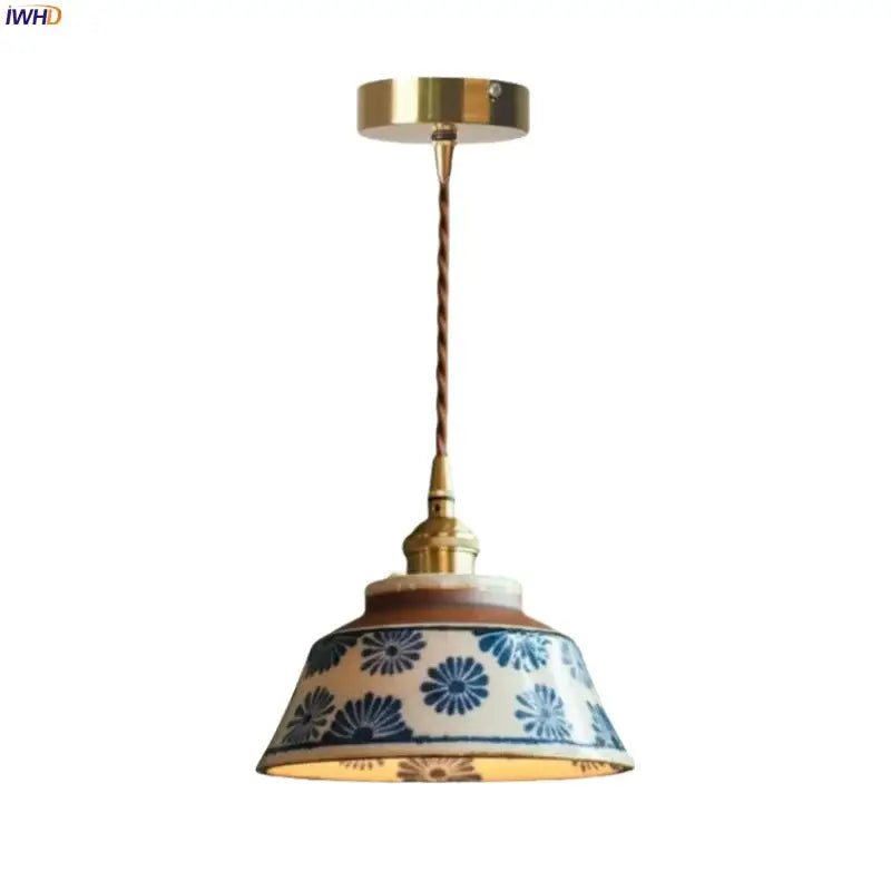 Vintage blue and white ceramic led pendant light with floral pattern brass hardware and twisted copper cord for dining room decorbites ceramic led pendant