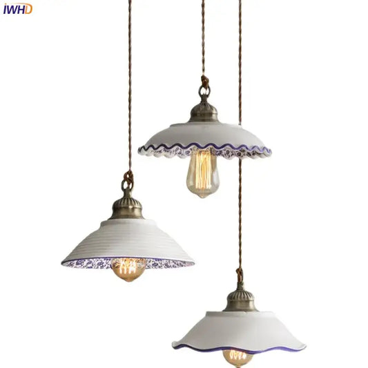 Three white ceramic vintage pendant lights with blue floral patterns and brass fixtures for kitchen hanging decorbites ceramic vintage hanging