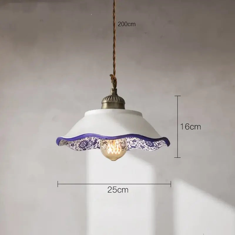 White ceramic vintage pendant lights with scalloped edge and blue floral pattern by decorbites ceramic vintage hanging decor