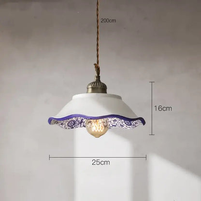 White ceramic vintage pendant lights with scalloped edge and blue floral pattern by decorbites ceramic vintage hanging decor