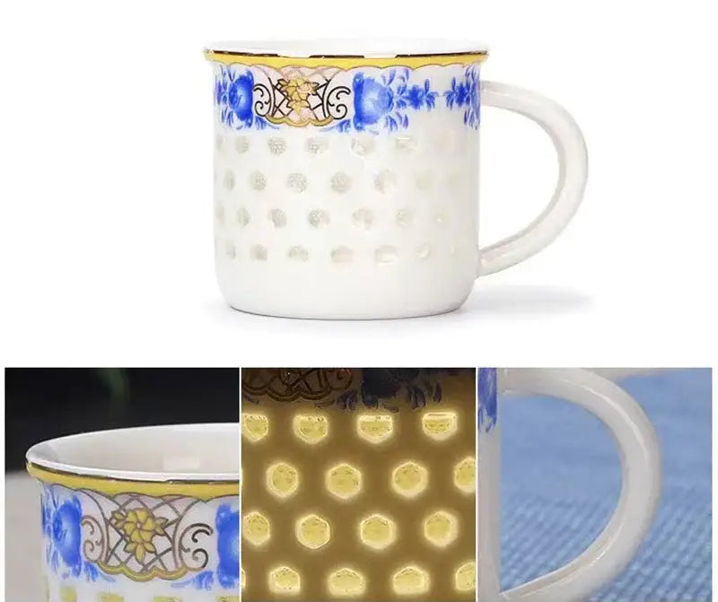 White ceramic tea cup set with blue floral gold patterns and perforated textured design for dining room use