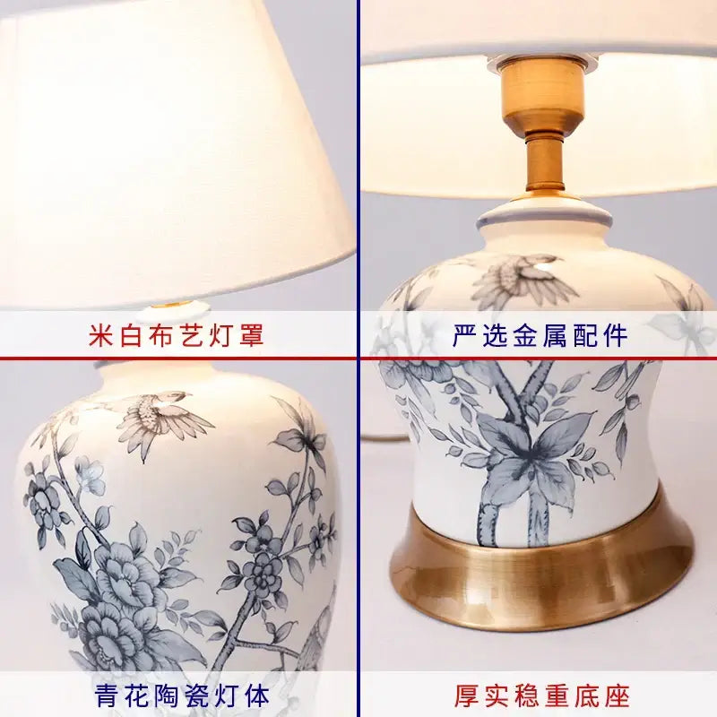 White porcelain table lamp with decorbites blue white floral hand-painted design and gold-toned metal accents