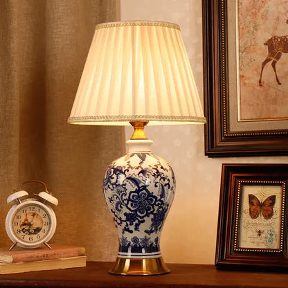 Vintage blue and white porcelain table lamp with gold accents floral ceramic light by decorbites for bedroom decor