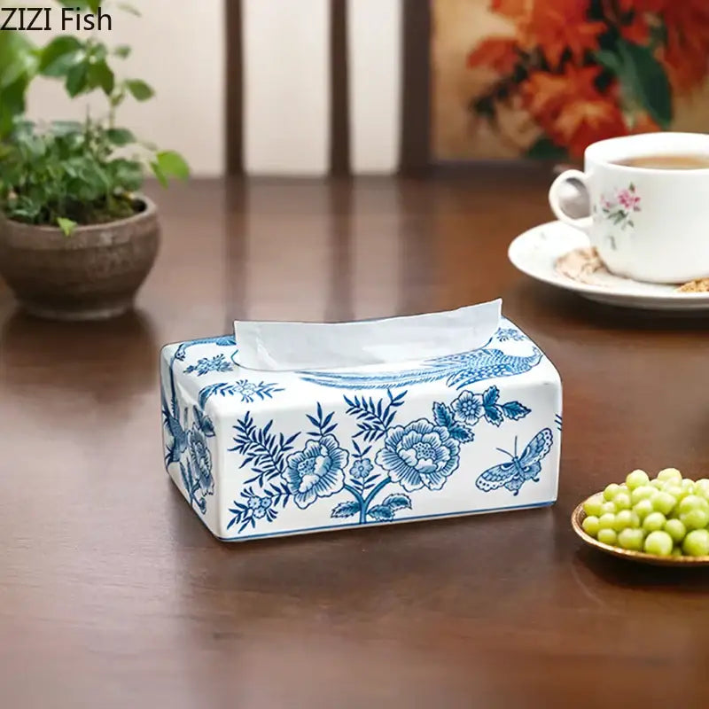 White ceramic porcelain tissue box with blue floral and butterfly patterns for vintage living room decor