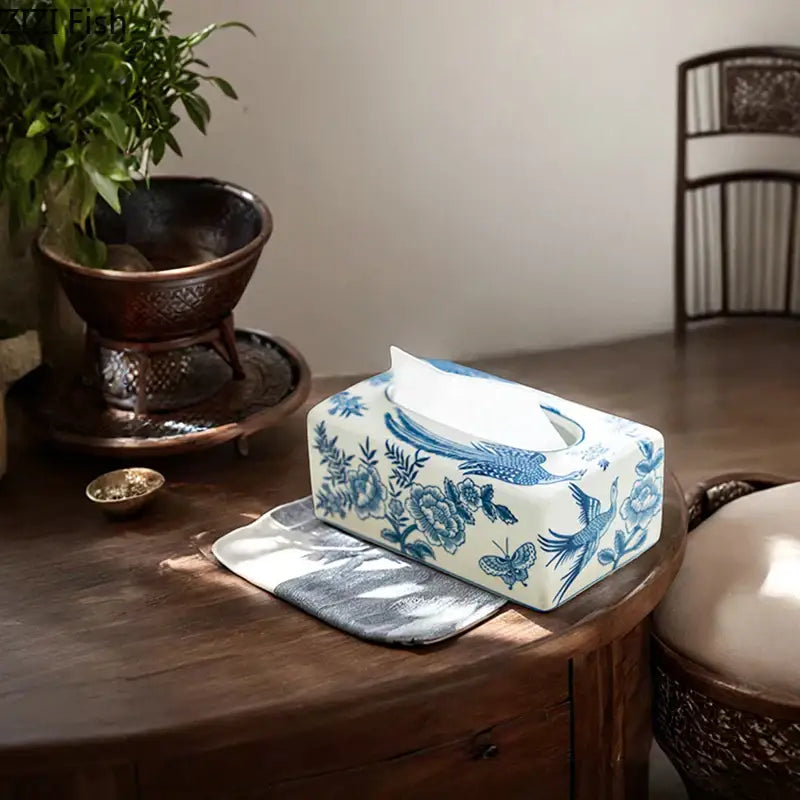 White ceramic porcelain tissue box with blue floral and bird patterns for vintage living room decor