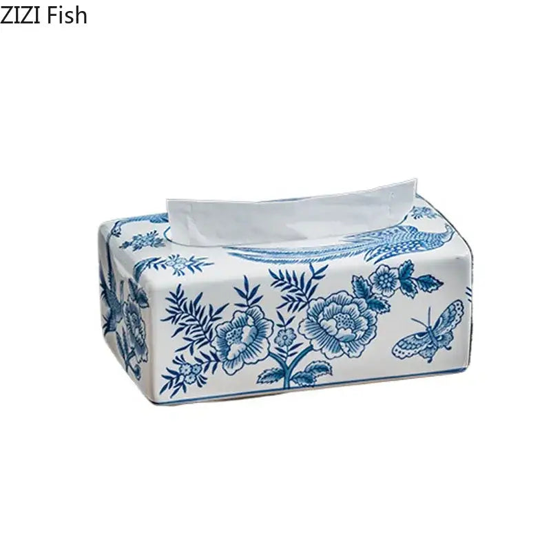 White ceramic porcelain tissue box with intricate blue floral and butterfly patterns for living room decor