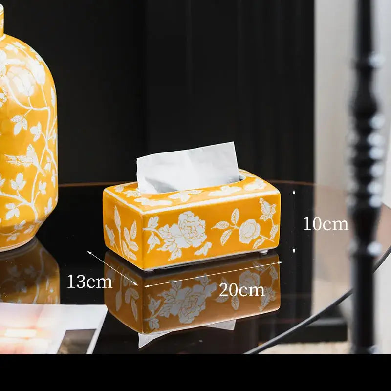 Yellow ceramic tissue box with white floral pattern for living room decor vintage blue and white porcelain tissue box