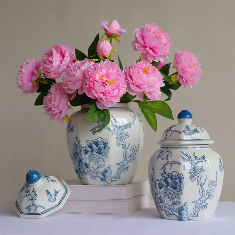 White ceramic porcelain vase with blue white floral and bird motifs by decorbites for living room floral decor