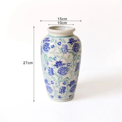 Vintage blue white porcelain vase 27cm tall with classic blue and green floral pattern for living room decor
