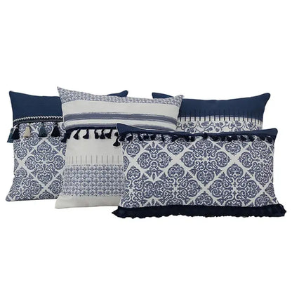 Set of four navy and white pillow covers with damask patterns and tassel trimming for vintage blue tassel pillow decorbites decor