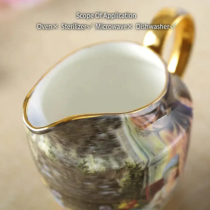 Vintage bone china milk jug with gold trim featuring a painted landscape design for dining room decorbites bone china