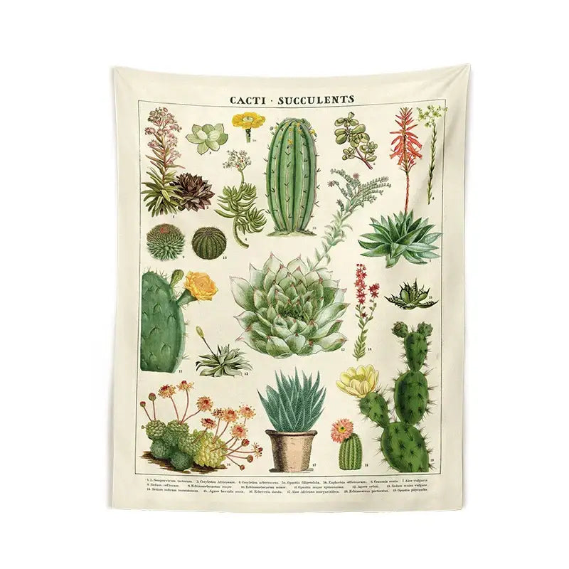 Beige vintage botanical cactus tapestry wall hanging with detailed green yellow and brown cacti for bedroom decorbites decor