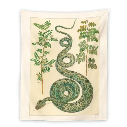 Vintage botanical celestial snake tapestry wall hanging featuring a coiled green snake with leafy plants on off-white background