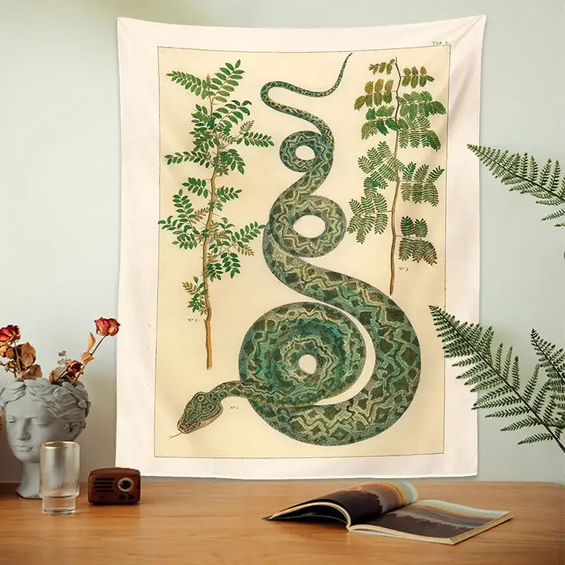 Beige vintage botanical celestial snake tapestry wall hanging featuring a detailed green snake among plants with white borders