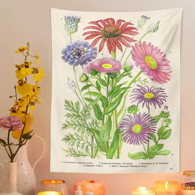 Vintage botanical flower print tapestry featuring vibrant pink purple and yellow flowers on cream background decorbites botanical flower decor