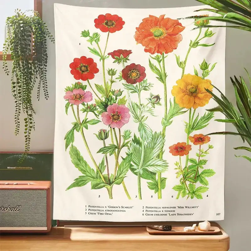Vintage botanical flower print tapestry featuring vibrant red orange yellow and pink blooms on cream for bedroom decorbites botanical flower print wall hanging
