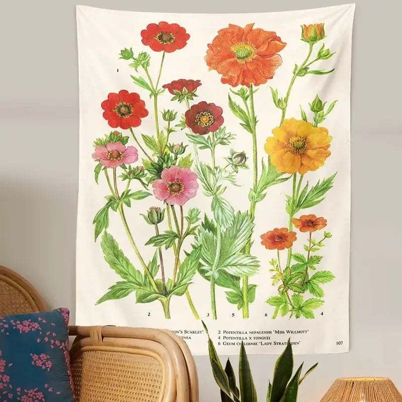 Vintage botanical flower print tapestry with vibrant red, orange, pink, and yellow flowers for bedroom decorbites decor