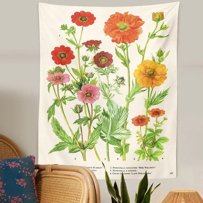 Vintage botanical flower print tapestry with vibrant red, orange, pink, and yellow flowers for bedroom decorbites decor