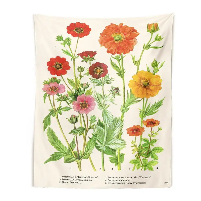 Beige vintage botanical flower print tapestry featuring colorful flowers in red orange pink and yellow for bedroom decorbites decor
