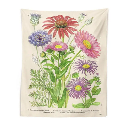 Beige vintage botanical flower print tapestry with colorful pink purple and red flowers for bedroom wall decorbites decor