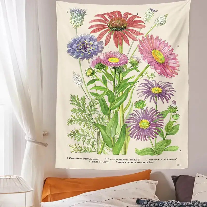 Cream-colored vintage botanical flower print tapestry featuring vibrant pink, purple, and blue flowers for bedroom decorbites decor