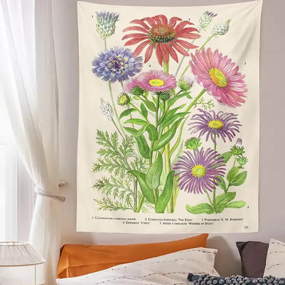 Cream-colored vintage botanical flower print tapestry featuring vibrant pink, purple, and blue flowers for bedroom decorbites decor