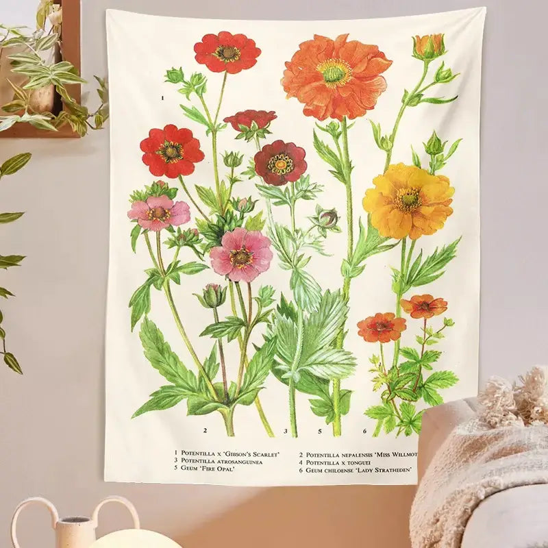 Cream-colored vintage botanical flower print tapestry with vibrant red orange pink flowers for bedroom wall decorbites botanical flower decor