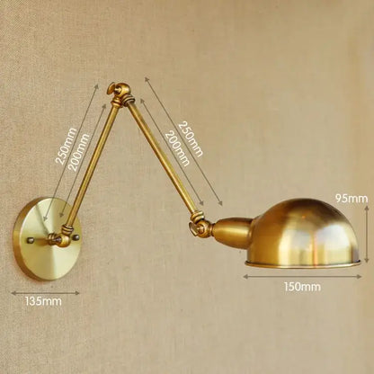 Brass-finished vintage decorbites adjustable long arm wall light with dome-shaped lamp head for bedroom sconce decor