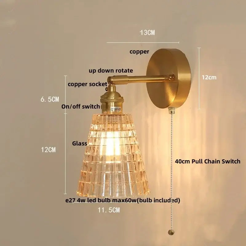 Vintage brass wall sconce with amber coffee glass shade and adjustable copper arm for bedroom led lighting
