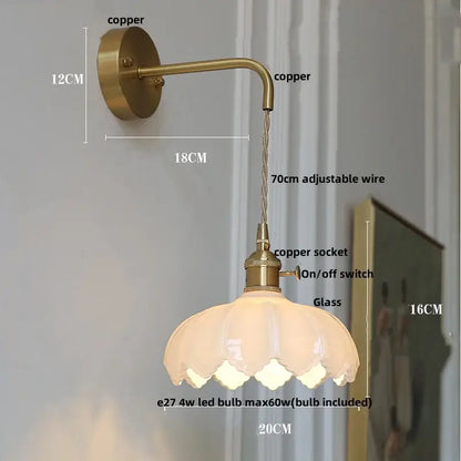 Vintage brass wall sconce with amber coffee glass and delicate petal-shaped shade for bedroom led lighting