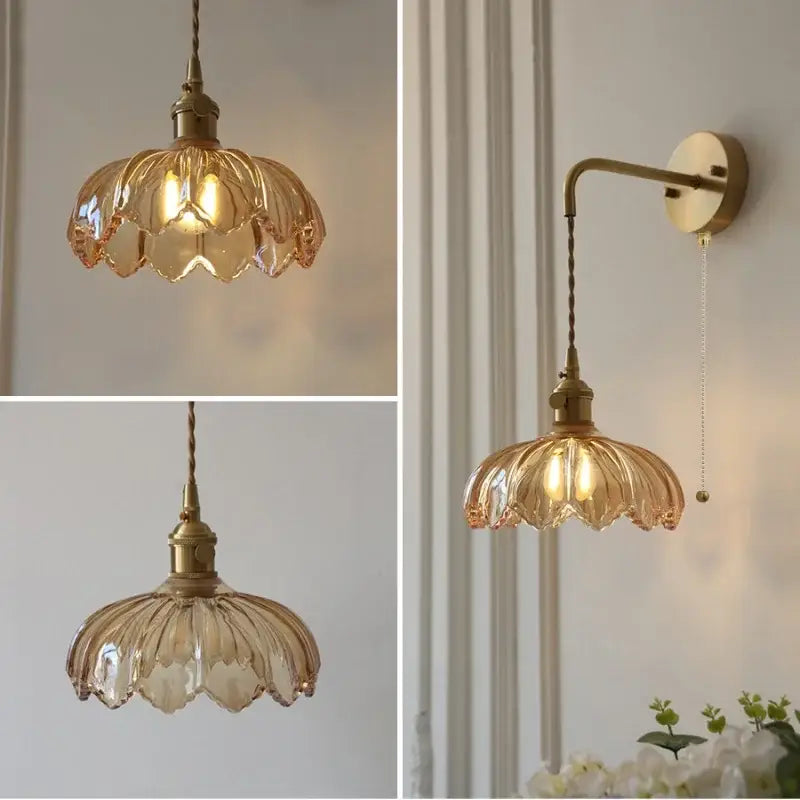 Vintage brass amber coffee glass wall sconce with delicate floral design and twisted cord for bedroom led light