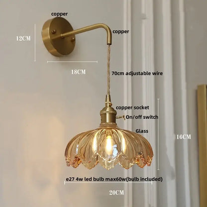 Vintage brass wall sconce with adjustable wire and delicate amber coffee glass shade for bedroom led light